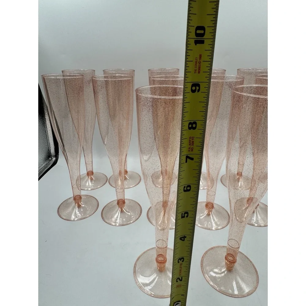 Set Of 14 Rose Gold Pink Disposable Glitter Plastic Champagne Glasses